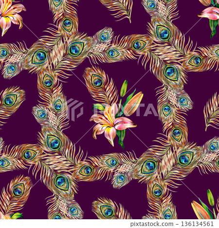Elegant seamless watercolor pattern featuring swirling wreaths of golden peacock feathers accented by delicate peach lily bouquets. The ornate botanical design repeats infinitely for a luxury 136134561