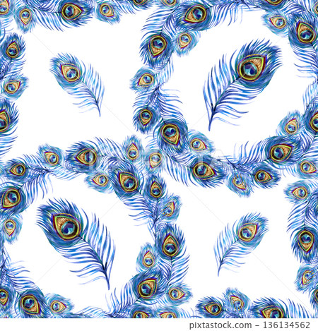 Luxurious seamless watercolor pattern featuring swirling wreaths and scattered peacock feathers. The ornate design displays rich indigo and turquoise eye patterns for a sophisticated bohemian texture. 136134562