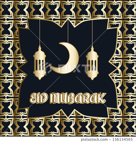 Eid Mubarak golden greeting banner with islamic pattern, crescent moon and traditional lanterns, elegant islamic design, festive illustration Eid Mubarak golden greeting banner with islamic pattern, crescent moon and traditional lanterns, elegant islamic design, festive illustration 136134565