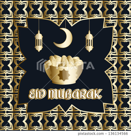 Eid Mubarak golden greeting banner with islamic pattern, plate of dates for iftar, crescent moon and traditional lanterns, elegant islamic design Eid Mubarak golden greeting banner with islamic pattern, plate of dates for iftar, crescent moon and traditional lanterns, elegant islamic design 136134566