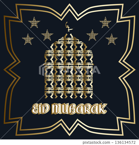 Eid Mubarak golden greeting banner with mosque silhouette, stars and Islamic geometric ornaments 136134572