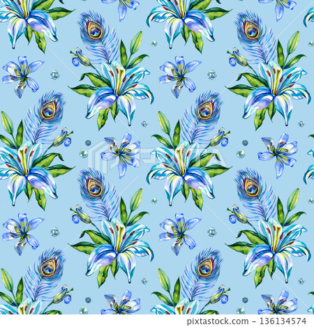 Vibrant watercolor seamless pattern featuring majestic peacock feathers and blue lilies. This elegant botanical design is perfect for luxury textiles, tropical decor, and sophisticated wrap Vibrant watercolor seamless pattern featuring majestic peacock feathers and blue lilies. This elegant botanical design is perfect for luxury textiles, tropical decor, and sophisticated wrap 136134574
