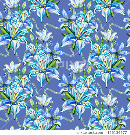 Vibrant seamless watercolor pattern featuring blooming blue lilies intertwined with delicate strands of pearls. The repeating botanical design showcases elegant petals and fresh green buds for a 136134577