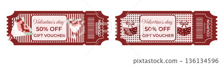 Valentines Day gift voucher and coupon set 50 percent off in retro style with gift boxes, bows and flower bouquets Valentines Day gift voucher and coupon set 50 percent off in retro style with gift boxes, bows and flower bouquets 136134596