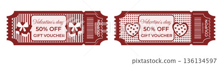 Valentines Day gift voucher and coupon set 50 percent off in retro style with gift boxes, bows and love cards Valentines Day gift voucher and coupon set 50 percent off in retro style with gift boxes, bows and love cards 136134597