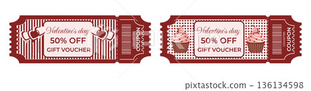 Valentines Day gift voucher and coupon set 50 percent off in retro style with heart balloons and cherry cupcakes 136134598