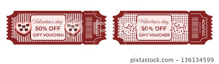 Valentines Day gift voucher and coupon set 50 percent off in retro style with chocolate boxes, hearts and envelopes 136134599