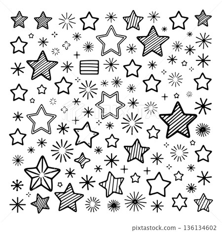 Colorful star patterns fill the background with varied shapes and sizes, creating a playful atmosphere ideal for arts and crafts projects 136134602
