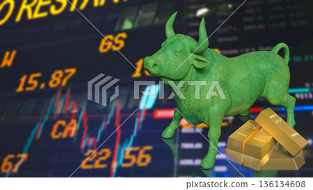 Green Bull Market Symbol With Gold Bars And Rising Stock Chart 3d render. 136134608
