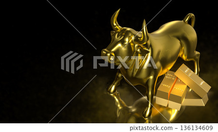 Golden Bull Market Symbol With Gold Bars On Black Background 3d render. 136134609