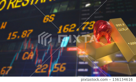 Red Bear Market Symbol On Gold Bars With Falling Stock Chart 3d render. Red Bear Market Symbol On Gold Bars With Falling Stock Chart 3d render. 136134616