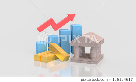 Gold Investment Growth Concept With Bank Building And Rising Chart 3d render. Gold Investment Growth Concept With Bank Building And Rising Chart 3d render. 136134617