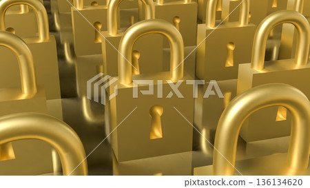 Rows of Golden Padlocks Symbolizing Security and Protection Concept 3d render. 136134620