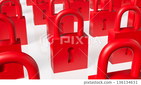 Rows of Red Padlocks Symbolizing Security and Restricted Access Concept 3d render. 136134631