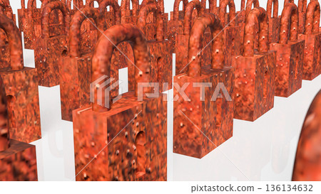 Rows of Rusty Padlocks Representing Old Security and Restriction Concept 3d render. Rows of Rusty Padlocks Representing Old Security and Restriction Concept 3d render. 136134632