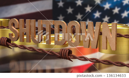 Government Shutdown Concept with Barbed Wire and United States Flag 3d render. 136134633