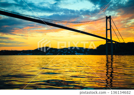 sunset over suspension bridge in Bergen, Norway 136134682