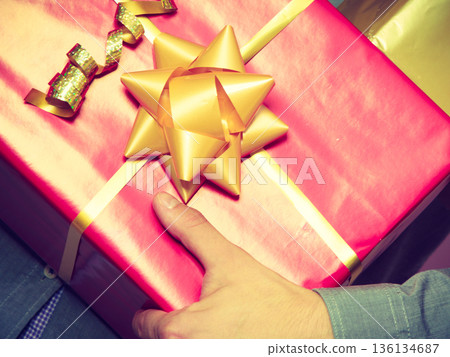Male hands with many presents gift boxes Male hands with many presents gift boxes 136134687