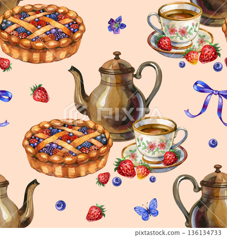 Cozy seamless watercolor pattern featuring a delicious berry pie, vintage teapot, and fresh strawberries. The nostalgic cottagecore design includes floral teacups and butterflies for a warm kitchen Cozy seamless watercolor pattern featuring a delicious berry pie, vintage teapot, and fresh strawberries. The nostalgic cottagecore design includes floral teacups and butterflies for a warm kitchen 136134733