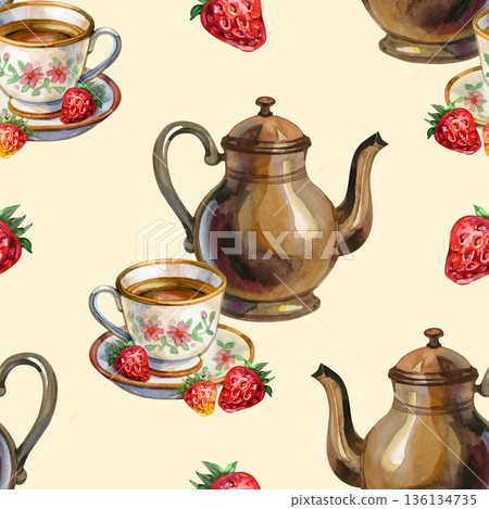 Cozy seamless watercolor pattern featuring a vintage tea set and fresh strawberries. The design includes an elegant teapot and delicate floral teacups, creating a warm, nostalgic cottagecore Cozy seamless watercolor pattern featuring a vintage tea set and fresh strawberries. The design includes an elegant teapot and delicate floral teacups, creating a warm, nostalgic cottagecore 136134735