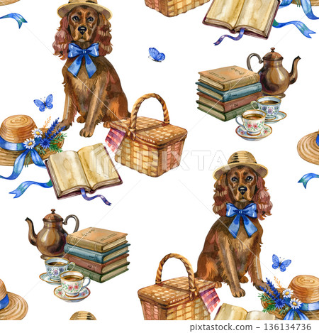 Charming seamless cottagecore pattern featuring a brown spaniel in a straw hat with a blue bow. The watercolor design includes picnic baskets, books, and tea sets for a cozy, rustic aesthetic. 136134736