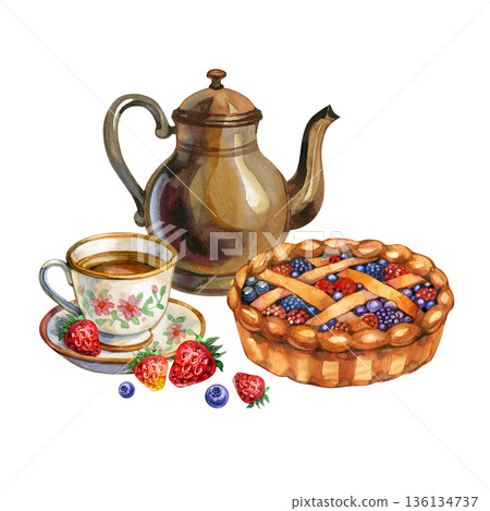 A warm watercolor illustration of a vintage teapot, a floral teacup, and a fresh berry pie. This cozy tea time scene includes scattered strawberries and blueberries, ideal for kitchen decor and menus. A warm watercolor illustration of a vintage teapot, a floral teacup, and a fresh berry pie. This cozy tea time scene includes scattered strawberries and blueberries, ideal for kitchen decor and menus. 136134737