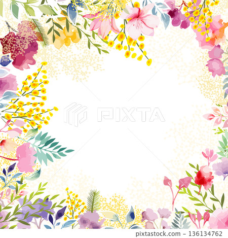 square floral spring frame with mimosa . Hand drawn. Not AI, vector illustration 136134762
