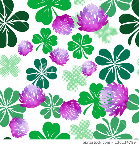 Happy Saint Patrick's day green seamless background. Green clover leaves pattern. Hand drawn. Not AI, vector illustration. Happy Saint Patrick's day green seamless background. Green clover leaves pattern. Hand drawn. Not AI, vector illustration. 136134789