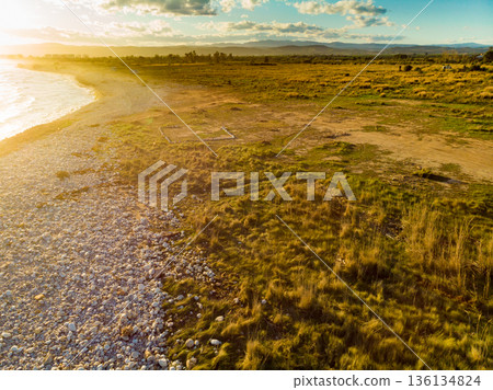 Aerial view. Shoreline sea coast in Spain. 136134824