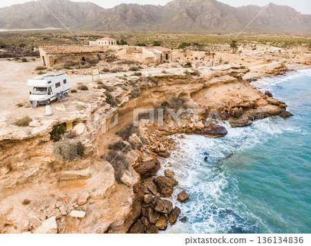Camper on coast in Spain. Aerial view Camper on coast in Spain. Aerial view 136134836