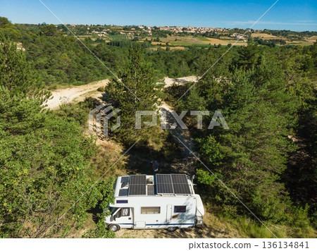 Caravan at lavender field, Provence in France. Aerial view Caravan at lavender field, Provence in France. Aerial view 136134841