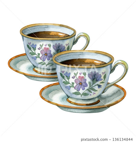 Watercolor illustration of two vintage tea cups with floral pattern, hand-painted porcelain dishes, cozy cottagecore style design isolated on white background Watercolor illustration of two vintage tea cups with floral pattern, hand-painted porcelain dishes, cozy cottagecore style design isolated on white background 136134844