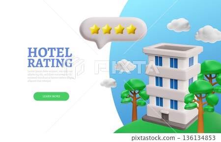 Hotel rating landing page 3D vector design, hotel review with rating service, tourist satisfaction to rated customer 136134853