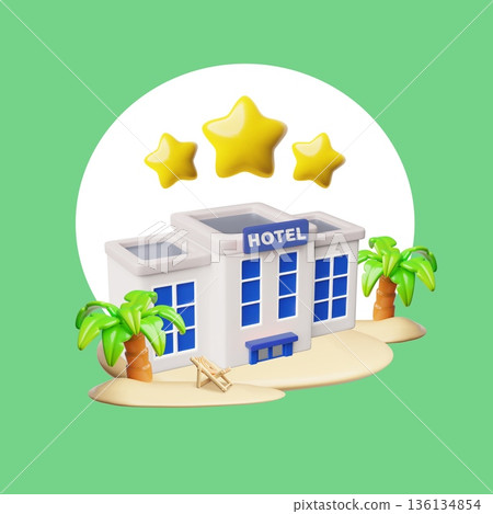 Hotel building on beach with palm trees, hotel review with three stars rating 3D vector design, tropical vacation travel 136134854