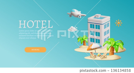 A 3D banner of a hotel on a tropical island with an airplane, palm trees, sun loungers, and sand. 136134858
