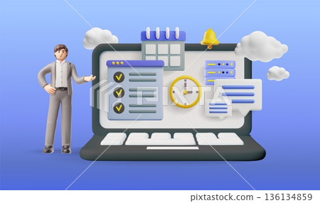 Businessman showing workspace on laptop 3D vector, online tools for productive tasks, time management planning software 136134859