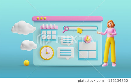 A 3D workspace with a female character, interface, calendar, clock, notifications, and search. 136134860