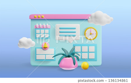 Workspace software 3D cartoon vector illustration, online tools for productive tasks, time management and planning Workspace software 3D cartoon vector illustration, online tools for productive tasks, time management and planning 136134861