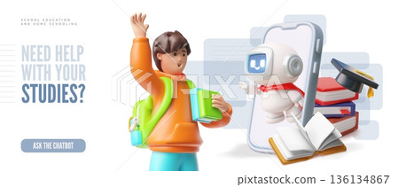 A 3D schoolchild with a backpack and books waves to a chatbot on a smartphone screen. 136134867