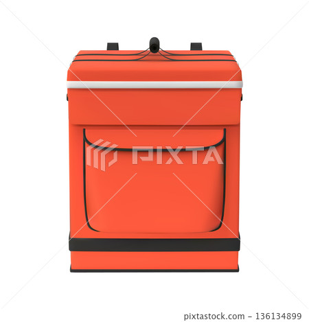 3D red courier delivery backpack, vector realistic thermal box container for fresh food product shipping front view 3D red courier delivery backpack, vector realistic thermal box container for fresh food product shipping front view 136134899