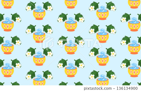 Songkran Seamless Pattern with Water Jar, Flowers and Splashing Water Songkran Seamless Pattern with Water Jar, Flowers and Splashing Water 136134900