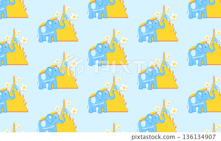 Songkran Seamless Pattern with Elephant, Temple, Flowers and Water Splashes 136134907
