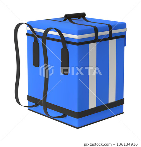 3D blue courier delivery backpack, vector thermal box container refrigerator for fresh food product shipping, back view 136134910