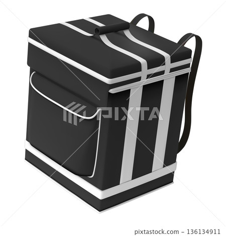 3D black courier delivery backpack, vector realistic takeaway thermal box container for grocery product shipping 3D black courier delivery backpack, vector realistic takeaway thermal box container for grocery product shipping 136134911