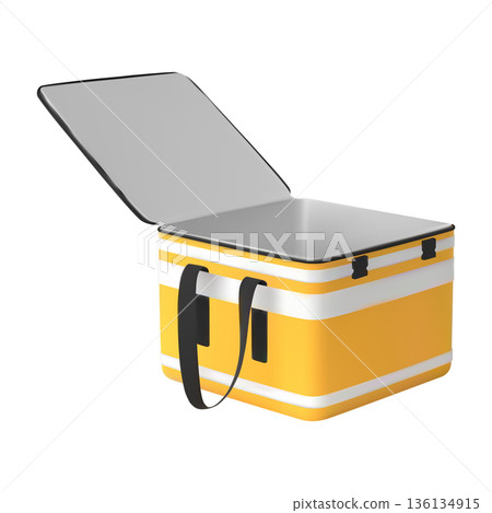 Food delivery courier opened handle bag, vector realistic 3D yellow takeaway thermal box container for dishes to order Food delivery courier opened handle bag, vector realistic 3D yellow takeaway thermal box container for dishes to order 136134915