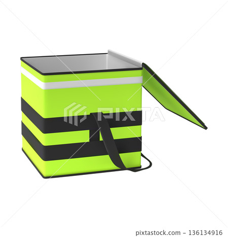 Food delivery courier opened handle bag, vector realistic 3D green takeaway thermal box container for dishes to order 136134916