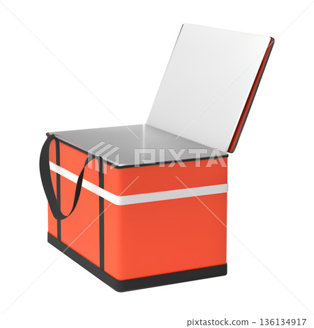 Food delivery courier opened handle bag, vector realistic 3D red takeaway thermal box container for dishes to order 136134917