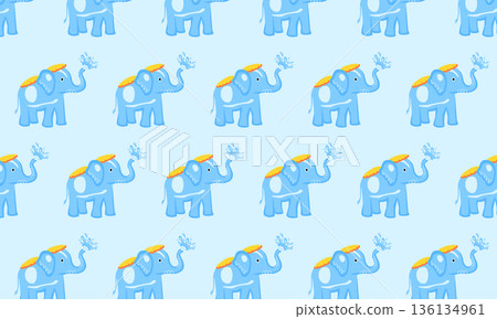 Songkran Seamless Pattern with Elephant and Water Splashes 136134961