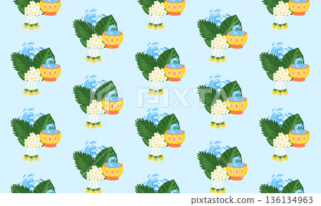 Songkran Seamless Pattern with Traditional Water Jar, Flowers and Water Splash Effects 136134963