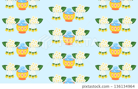 Songkran Seamless Pattern with Traditional Water Jar, Flowers and Water Splash Effects 136134964